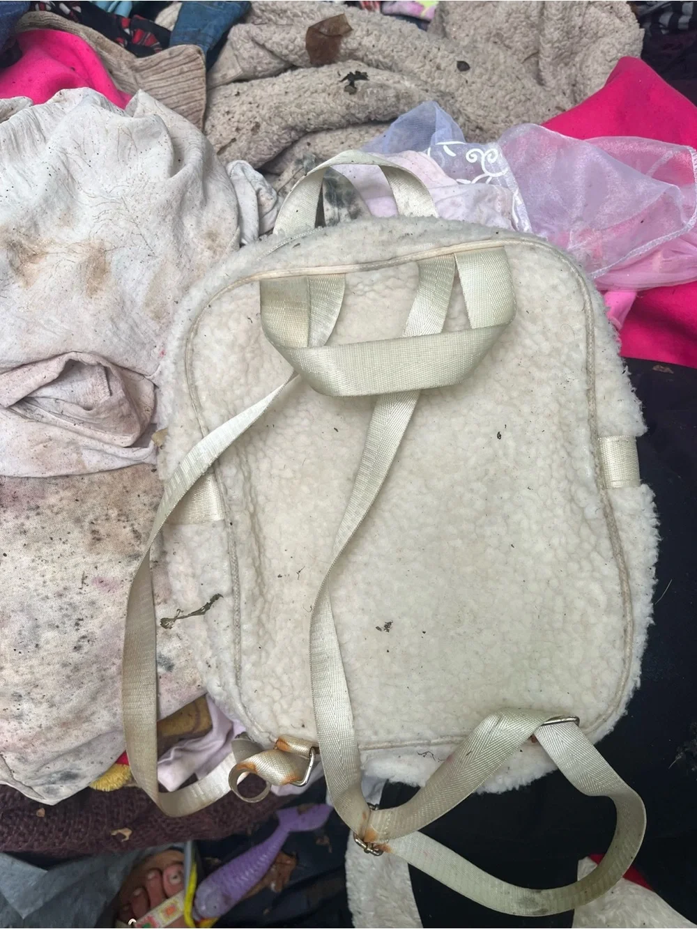 Cozy Cream Sherpa Backpack with Yellow Star-Eye Smiley Patch